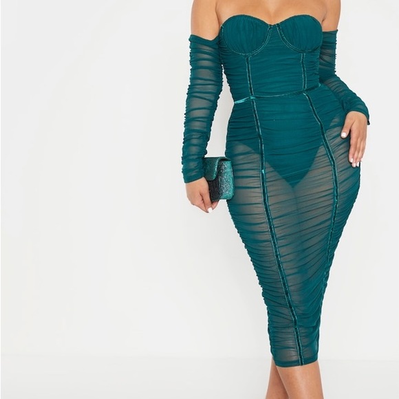 black mesh ruched velvet binded bardot midi dress Mesh Bardot Ruched Midi Dress InTheStyle